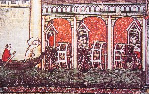 Moulins-bateaux  Paris au dbut du XIVe sicle. Yves, moine de Saint-Denis, Vie de Saint Denis (BNF).